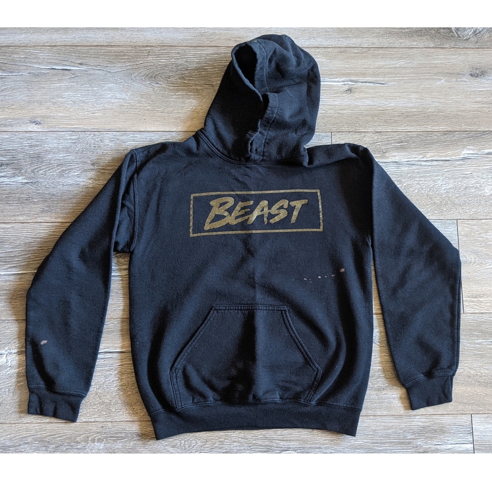 Mr. Beast Sweatshirt Size Men's Small Black and Gold / Bleach stains